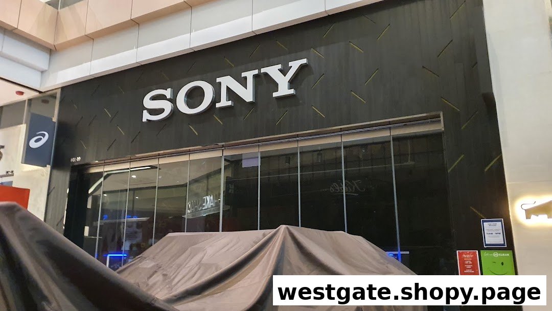 The exterior of the Sony Store at Westgate, featuring its prominent logo, glass entrance, and a covered display.
