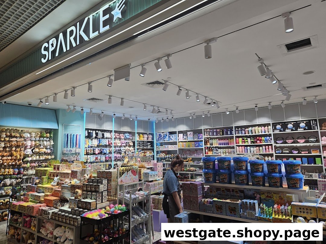 Interior view of SPARKLE shop, showcasing a wide array of novelty items, plush toys, and stationery.