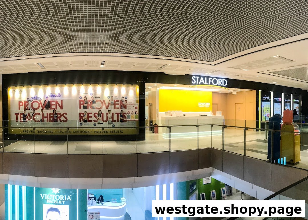 The image shows the bright and modern entrance of Stalford Learning Centre in a shopping mall.