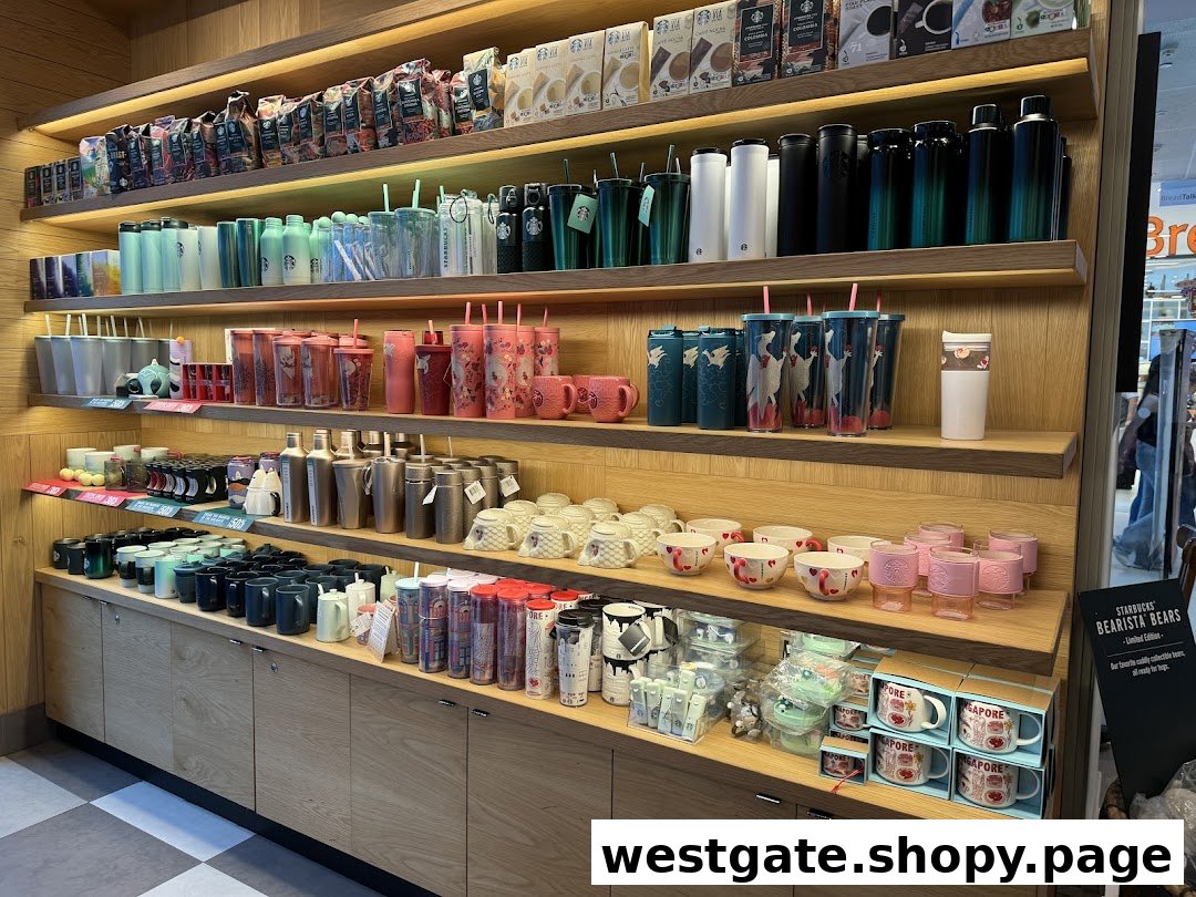A well-lit display wall showcasing a wide variety of Starbucks merchandise, including tumblers, mugs, and coffee beans.