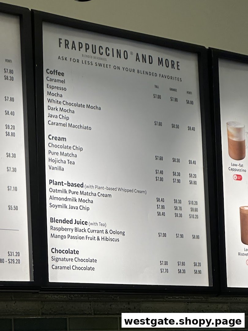 A detailed view of the Starbucks menu board, featuring Frappuccino and other blended beverages with prices.