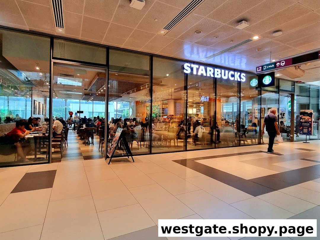 The bustling Starbucks Westgate storefront, showcasing its inviting interior and customers enjoying their beverages.