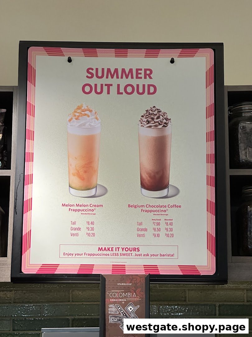 A Starbucks menu board showcasing 'Summer Out Loud' Frappuccinos with prices.