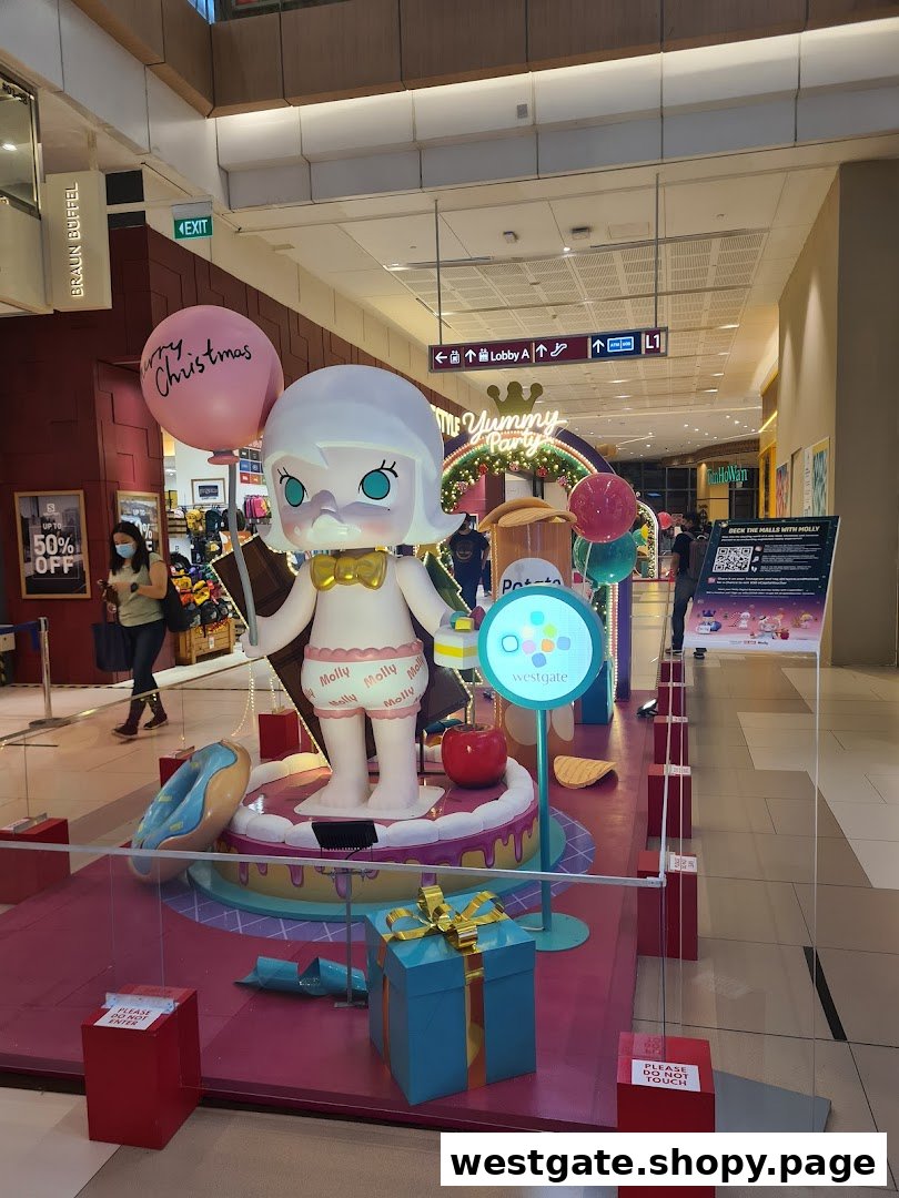A festive 'Molly' character display with Christmas decorations and a 'Yummy Party' theme inside Westgate mall.
