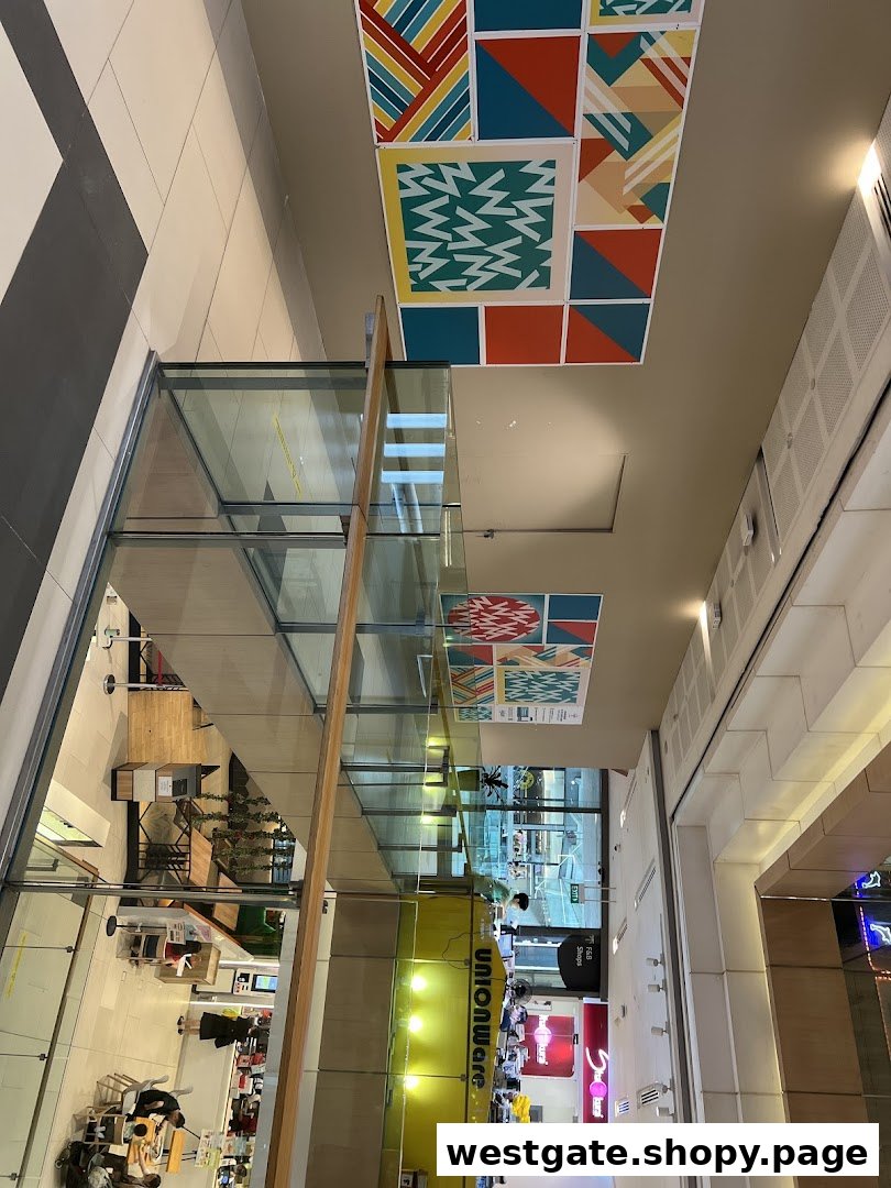 An overhead view of Westgate Mall's vibrant interior, showcasing various retail shops and modern design.