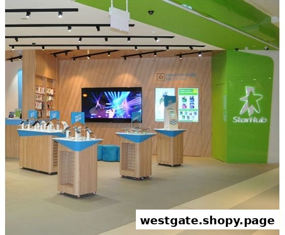 Interior view of StarHub Westgate, showcasing mobile devices, smart home solutions, and vibrant green branding.
