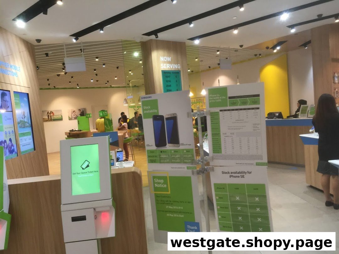 Interior view of StarHub Westgate, showcasing mobile service displays, a queue system, and customer service areas.