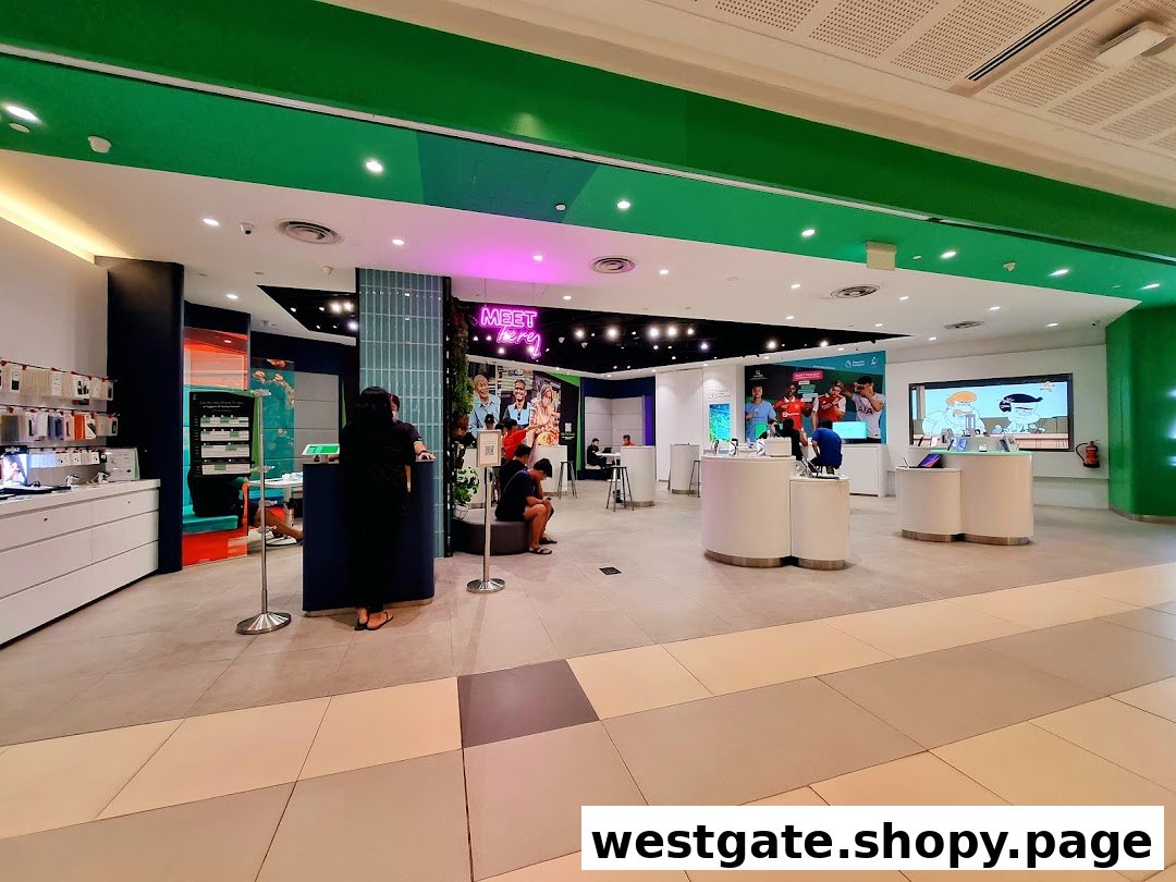 A bright, modern interior of the StarHub Westgate store with customers browsing and staff assisting.