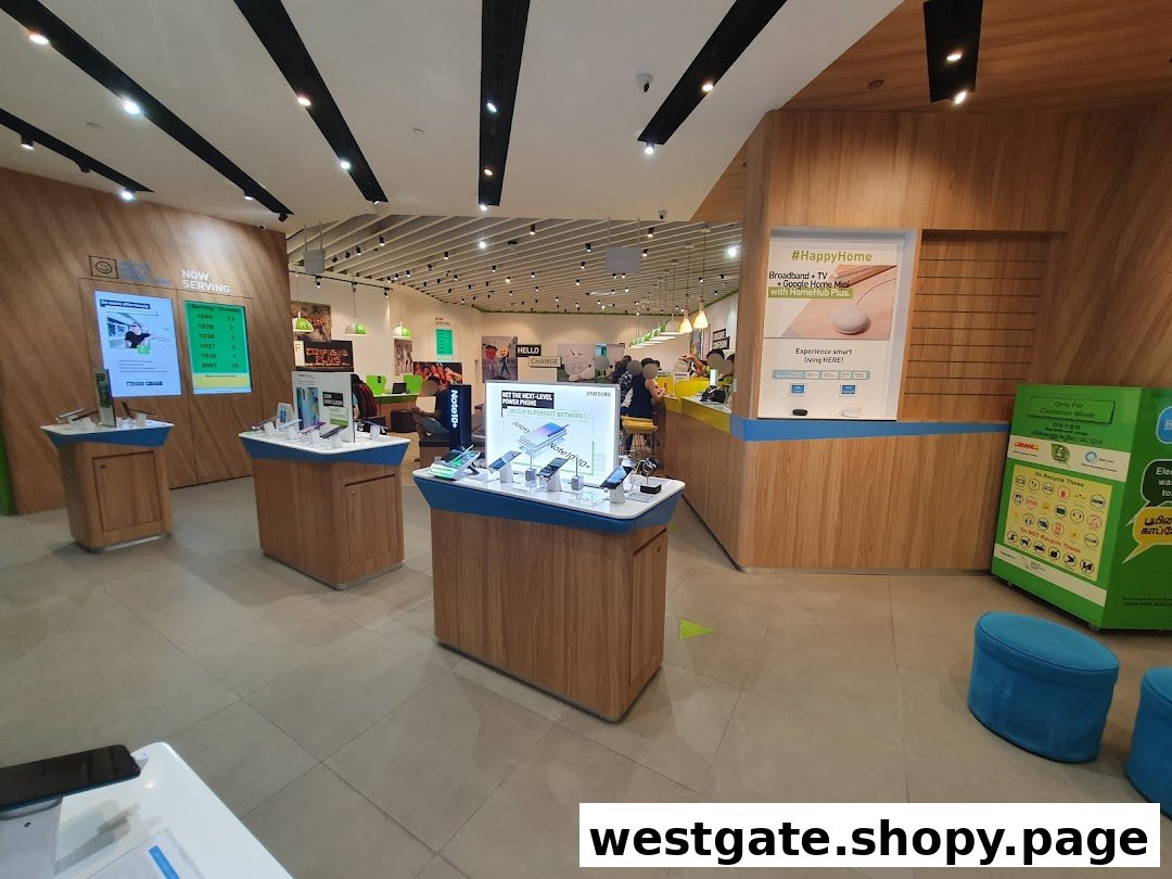 Interior view of a StarHub telecommunications shop featuring display tables, service counters, and promotional signage.