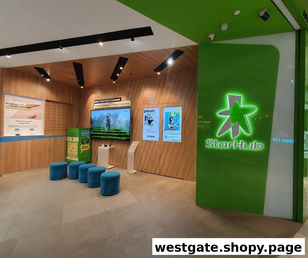 Modern StarHub store interior featuring digital displays, comfortable seating, and brand signage.