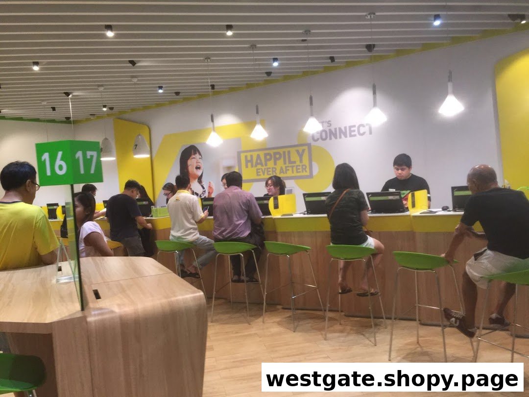 Customers and staff interact at service counters inside a vibrant StarHub telecommunications store.
