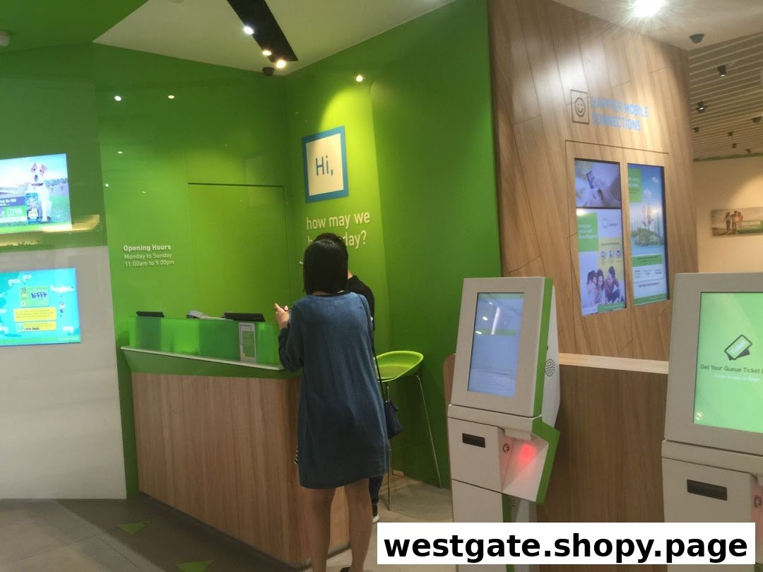 Interior view of StarHub Westgate featuring a customer service counter, self-service kiosks, and vibrant green branding.