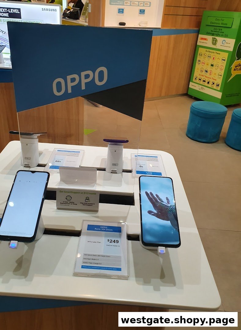 A display table inside StarHub Westgate showcasing OPPO smartphones and SmartSupport plans.