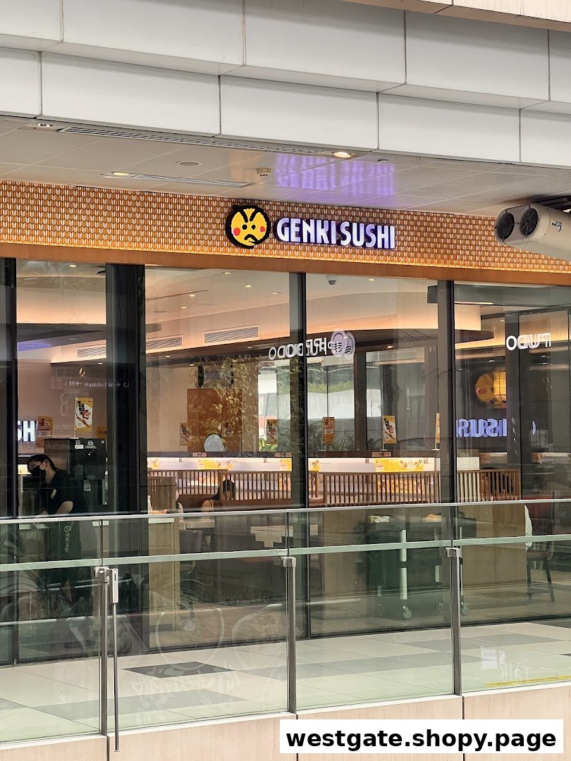 The storefront of Genki Sushi, a Japanese restaurant, with its distinctive logo.