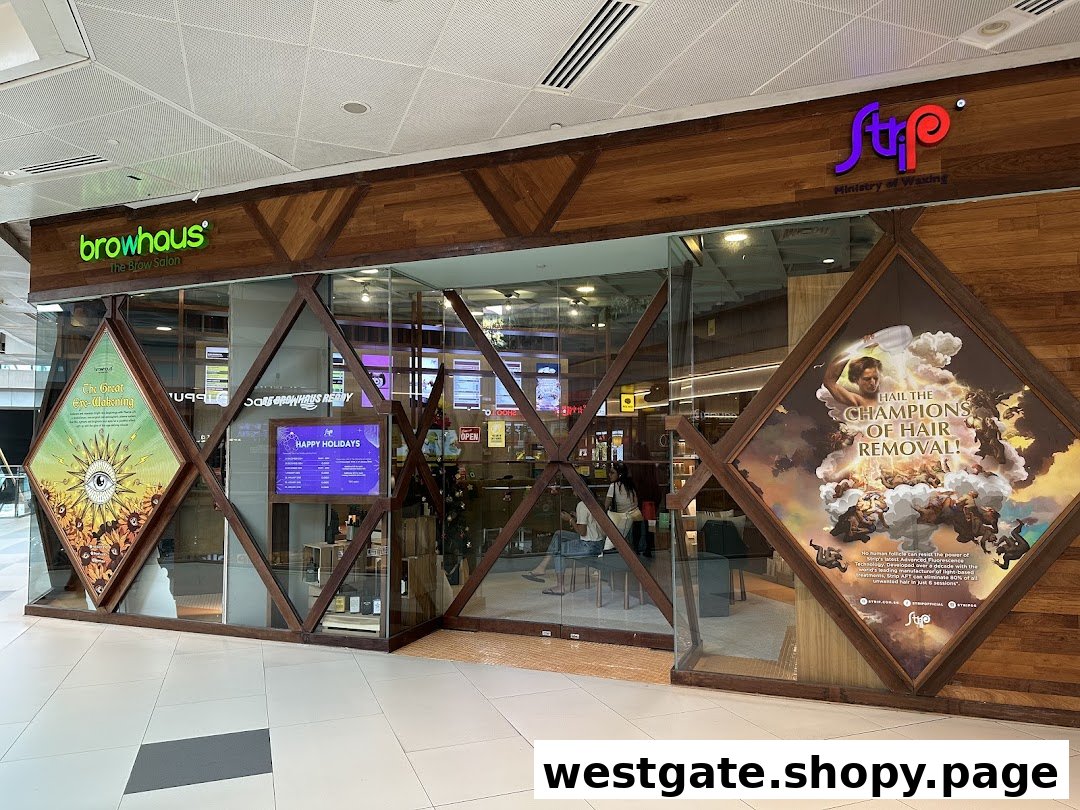 Shop front of Strip Co-Ed Westgate, featuring Browhaus and Strip salon branding.
