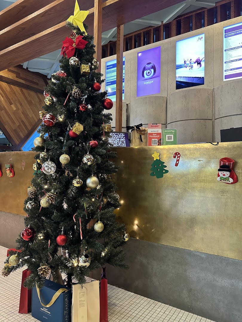 A festive Christmas tree decorates the interior of Strip Co-Ed Westgate, featuring promotional displays in the background.