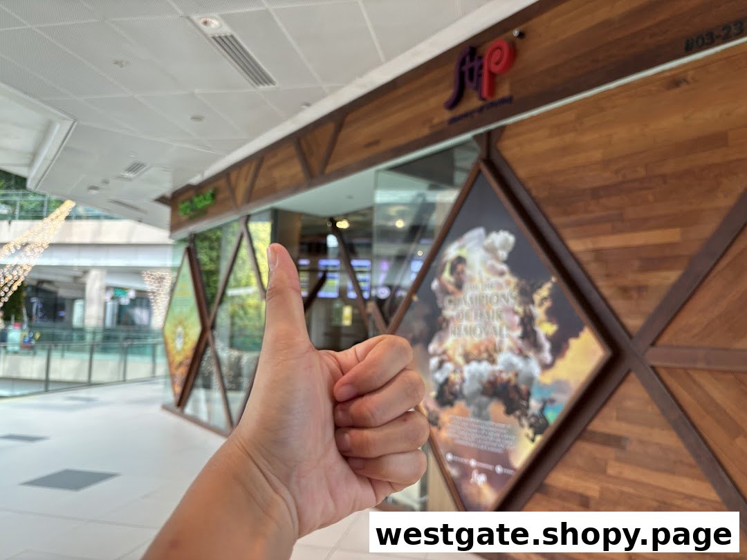The exterior of Strip Co-Ed Westgate, a hair removal salon, with a thumbs-up gesture.