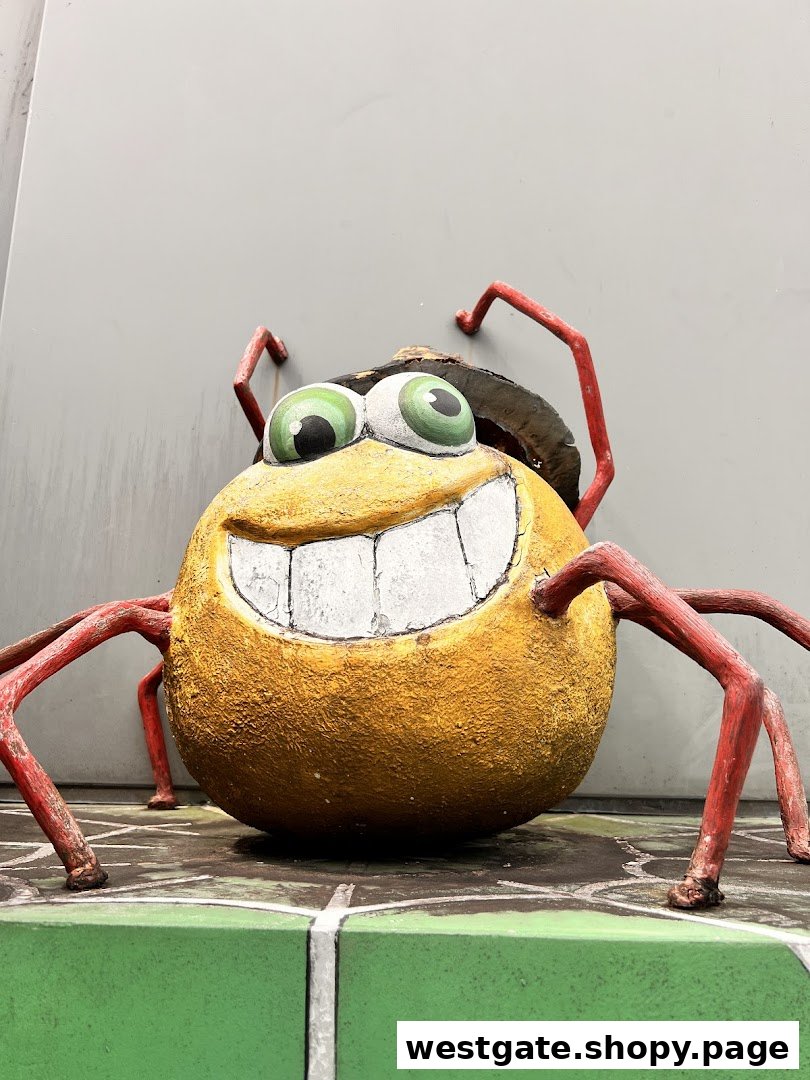 A large, smiling, cartoonish insect sculpture with big eyes and red legs.