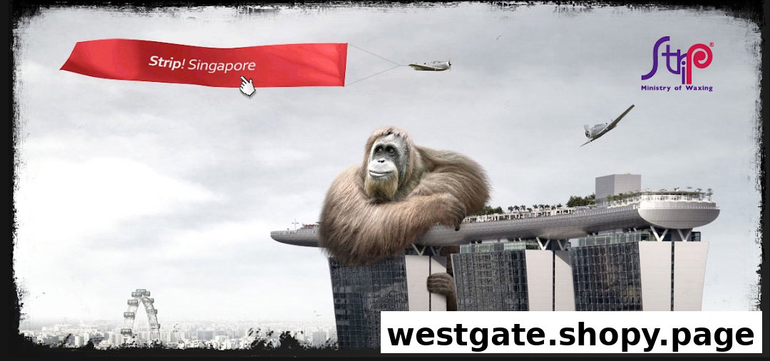 A playful advertisement for Strip! Ministry of Waxing featuring an orangutan on a skyscraper with planes and a banner.