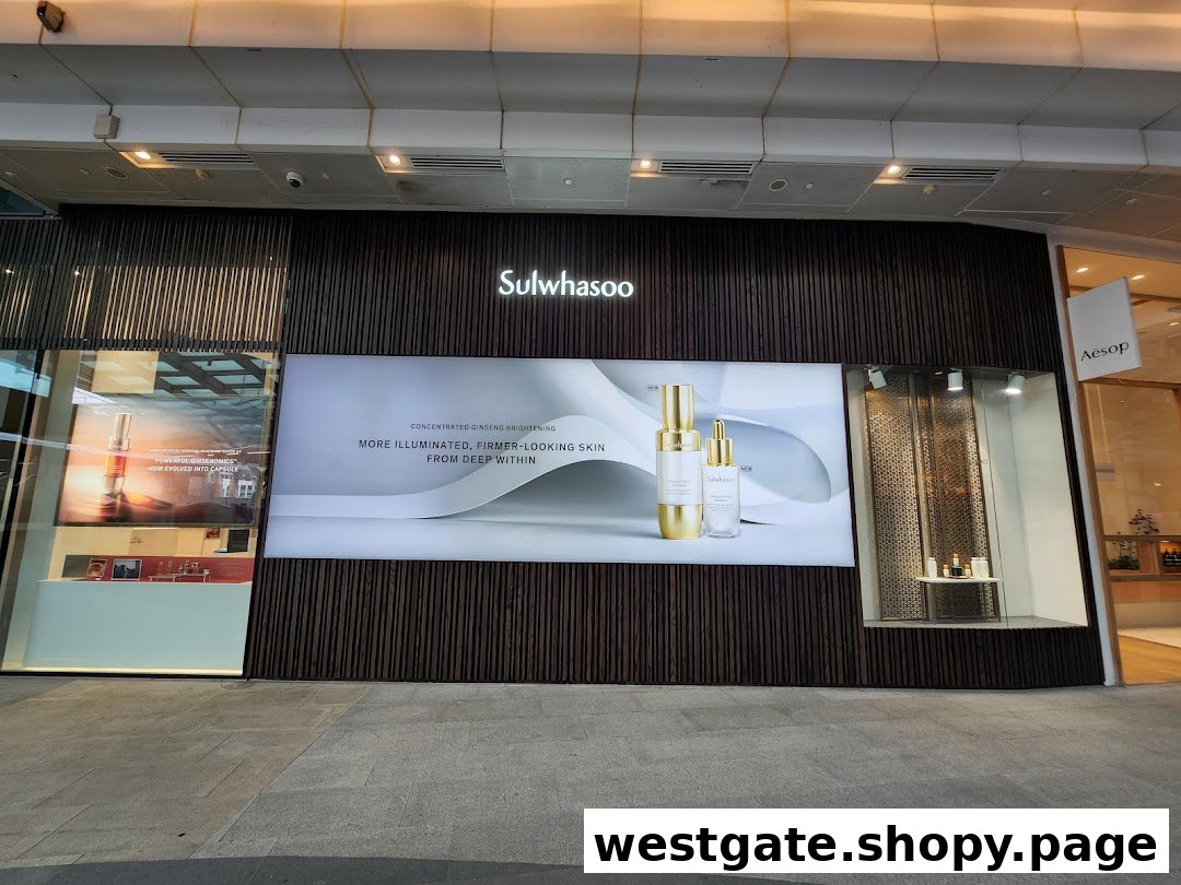 The Sulwhasoo boutique exterior features elegant signage, product displays, and a large promotional banner.
