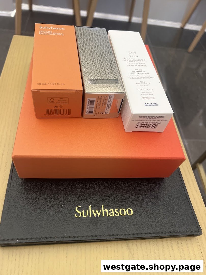 Close-up of Sulwhasoo skincare product boxes and a branded mat, showcasing premium Korean beauty.
