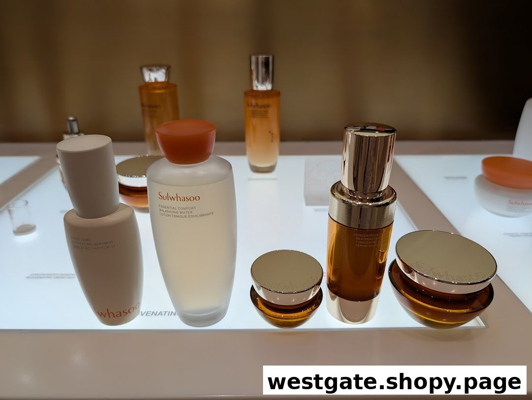 A close-up display of Sulwhasoo skincare products, including serums and balancing water.