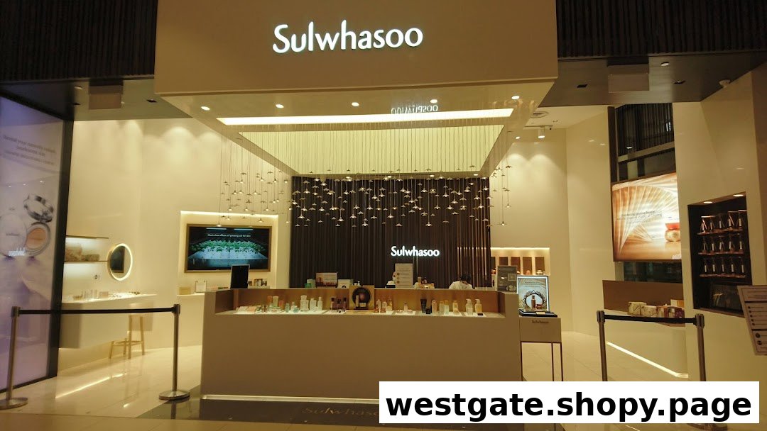 The elegant entrance of Sulwhasoo Boutique, showcasing skincare products and sophisticated interior design.