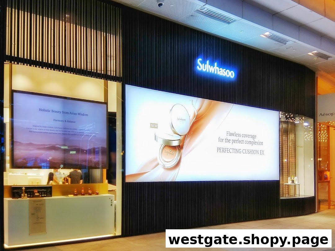 The Sulwhasoo Boutique exterior features large display screens showcasing beauty products and brand philosophy.