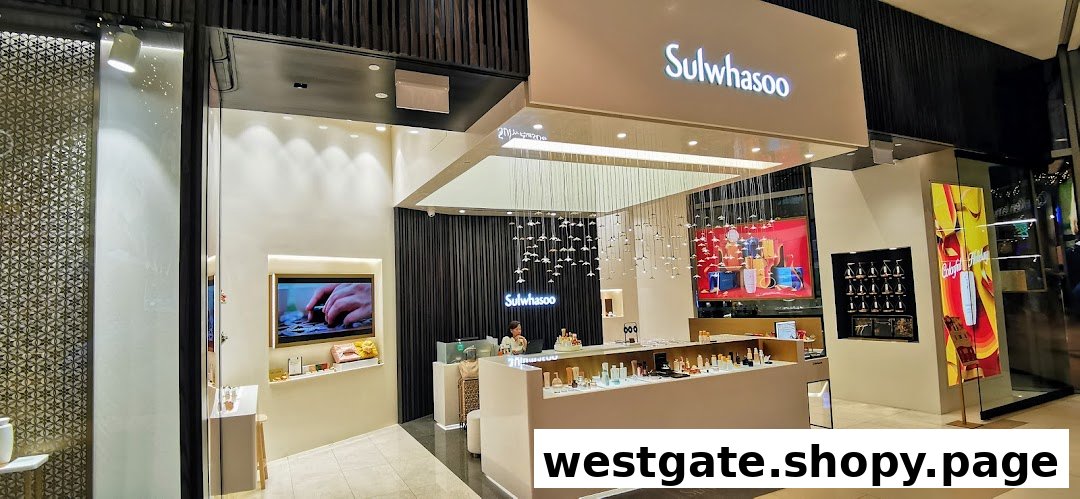 An elegant Sulwhasoo boutique interior featuring product displays, a service counter, and a staff member.