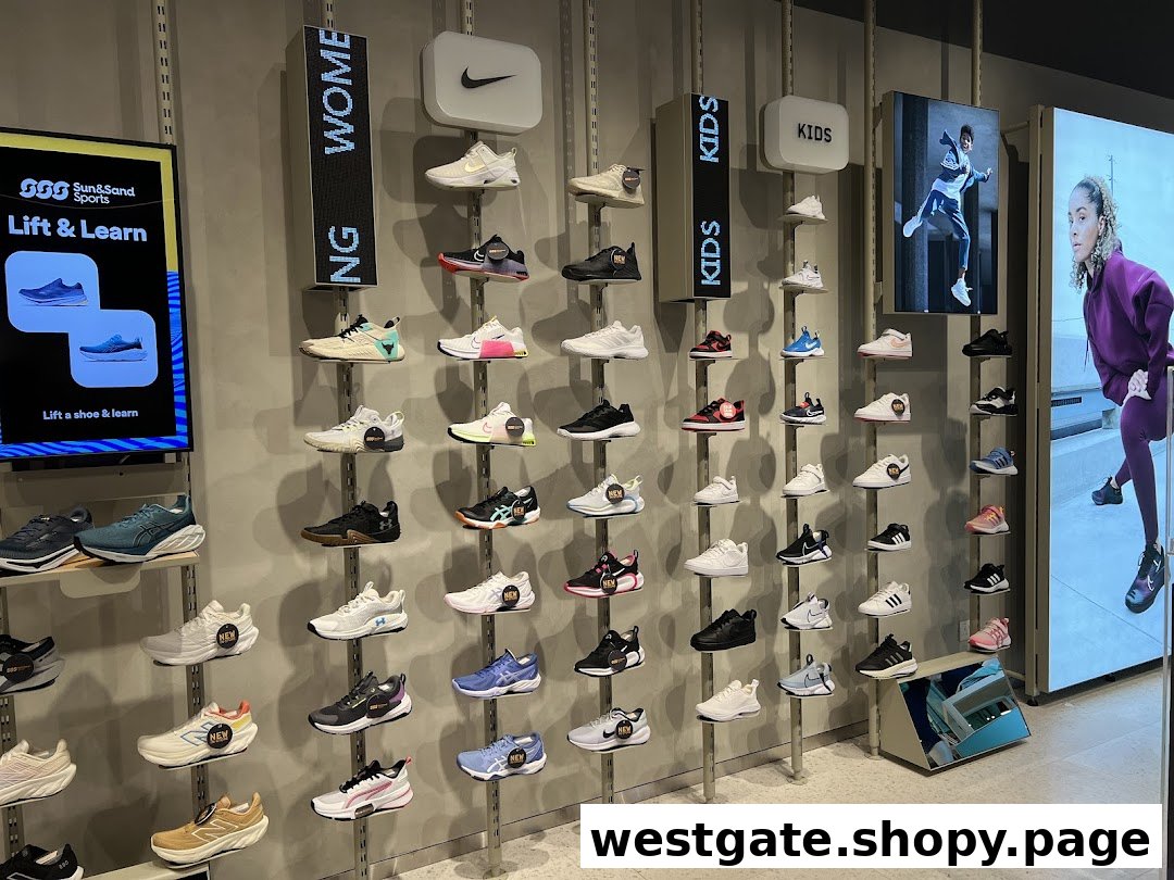 An interior shot of Sun & Sand Sports, showcasing a wide array of athletic footwear for women, men, and kids on a wall display.