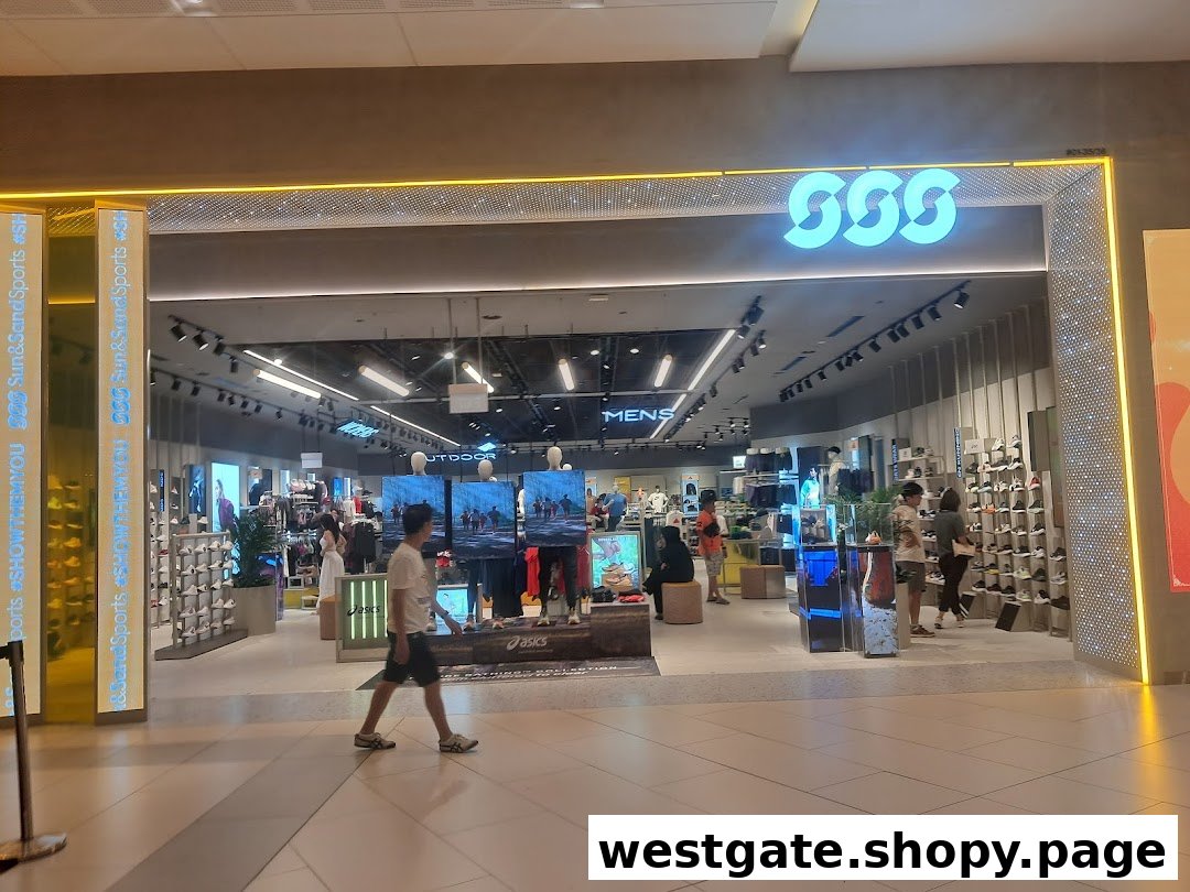 The brightly lit entrance of Sun & Sand Sports, showcasing a wide range of athletic wear and footwear.