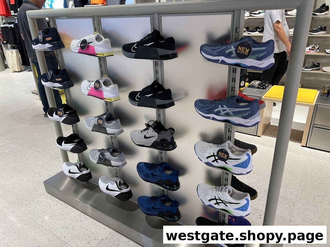 A vibrant display rack showcasing a wide variety of sports shoes from popular brands like Nike, Puma, and Asics.