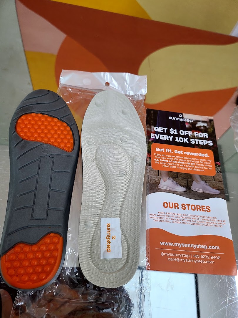 Sunnystep insoles and a promotional flyer detailing a step-based discount and store information.