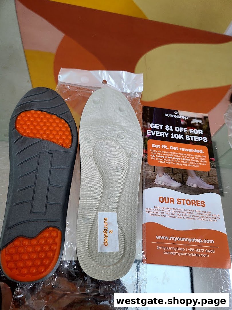 Sunnystep insoles and a promotional flyer detailing a step-based discount and store information.