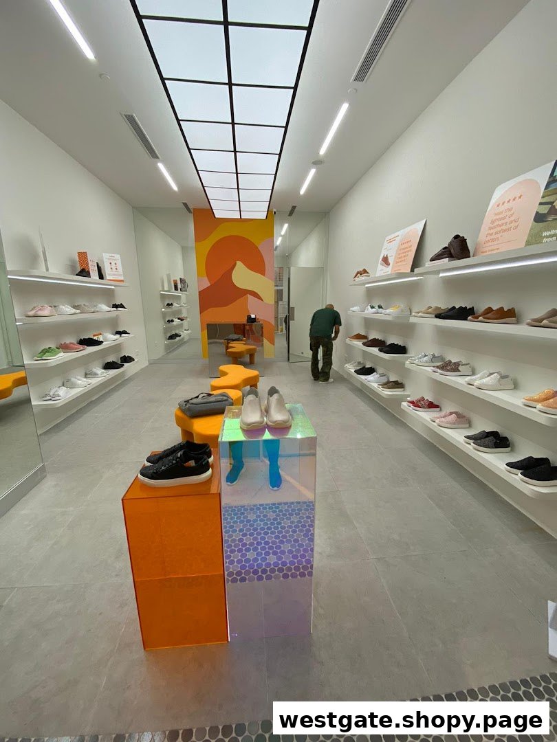 Interior view of Sunnystep shoe store, showcasing various footwear on shelves and modern displays.