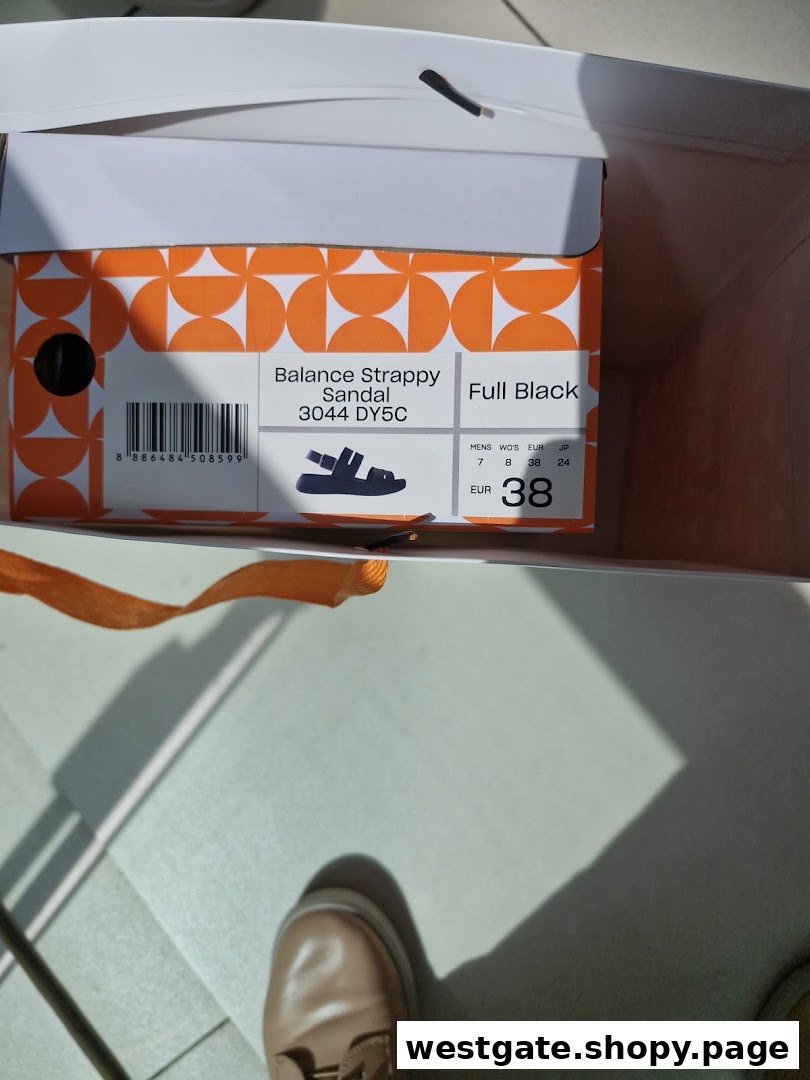 Close-up of a Sunnystep shoe box displaying the label for a 'Balance Strappy Sandal' in size EUR 38.