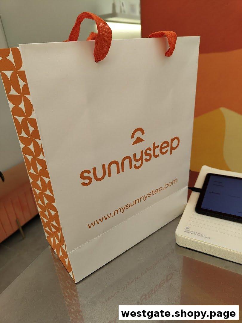A white Sunnystep shopping bag with orange logo and handles, next to a tablet.