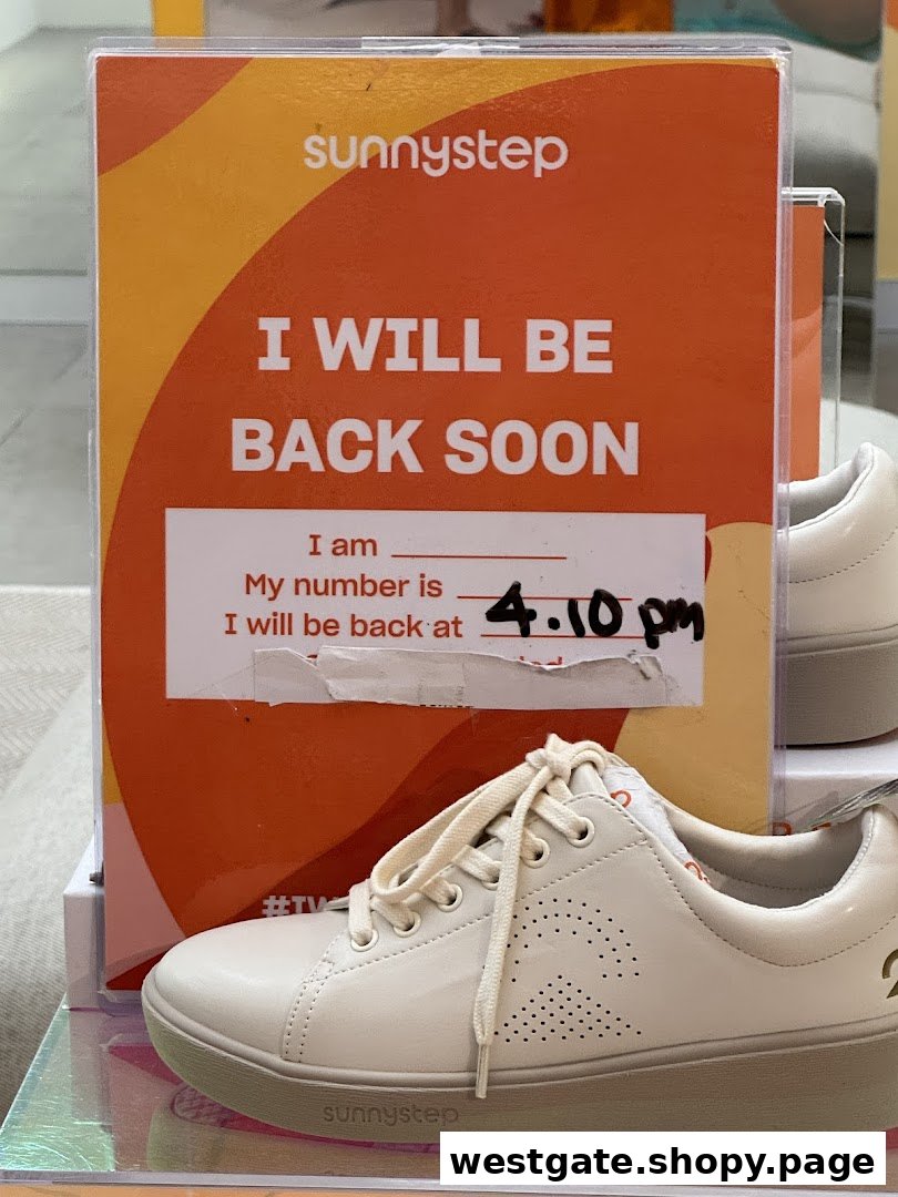 A Sunnystep sign indicating 'I will be back soon' at 4:10 PM, with a white shoe in the foreground.