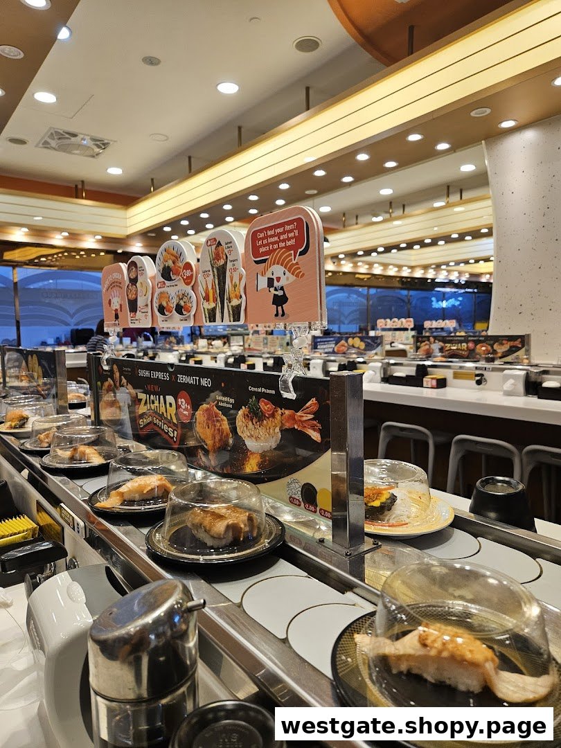 A vibrant interior shot of Sushi Express, showcasing its conveyor belt laden with fresh sushi plates.