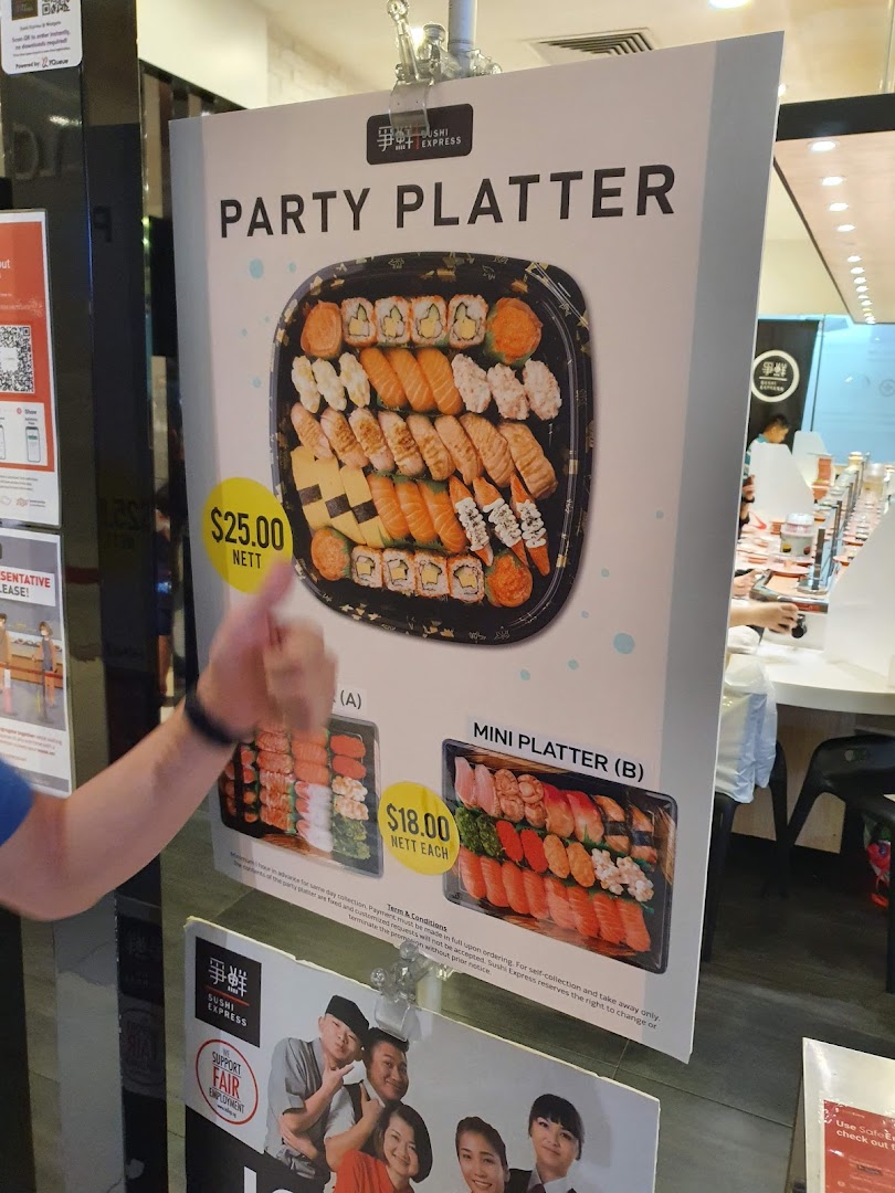 A promotional poster from Sushi Express showcasing party and mini sushi platters with prices.