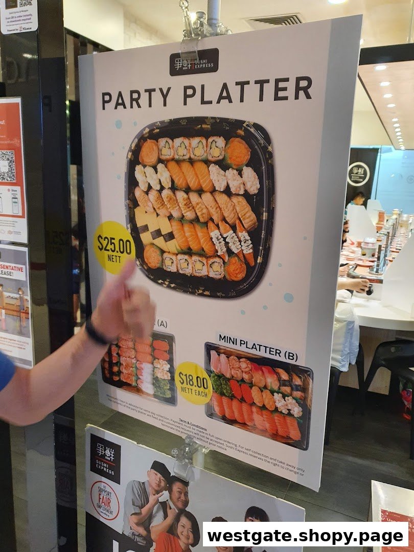 A promotional poster from Sushi Express showcasing party and mini sushi platters with prices.
