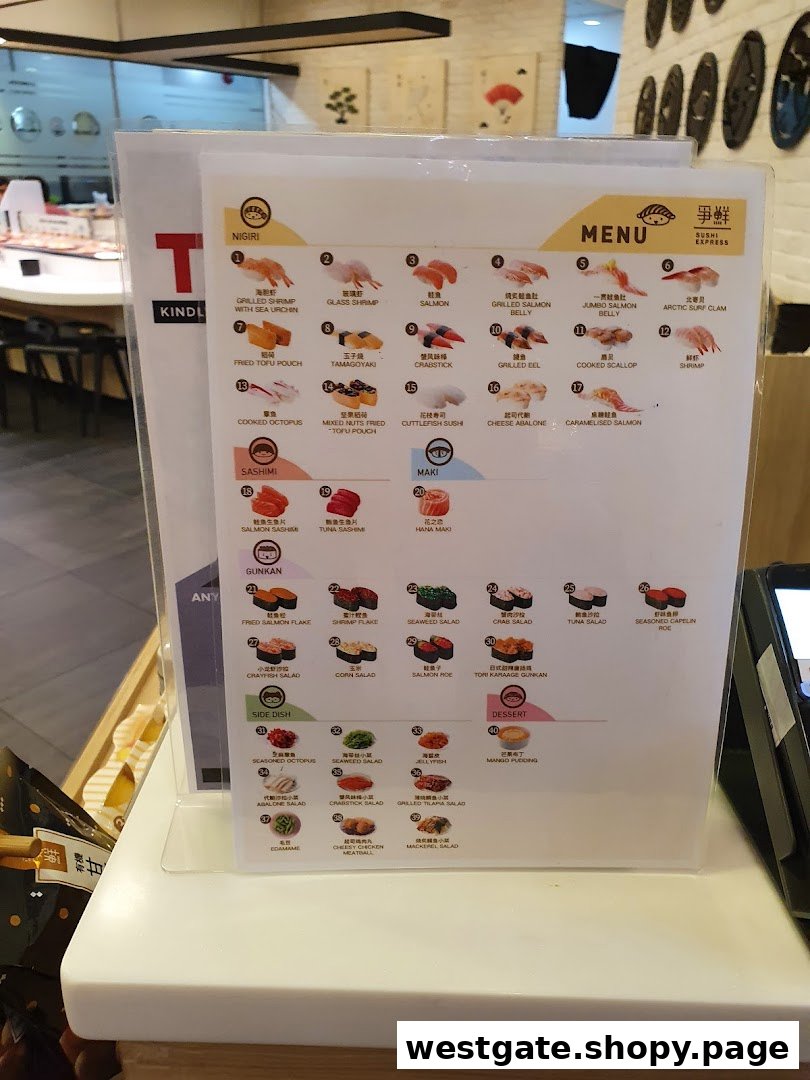 A close-up view of a Sushi Express menu displaying various sushi, sashimi, and side dishes.