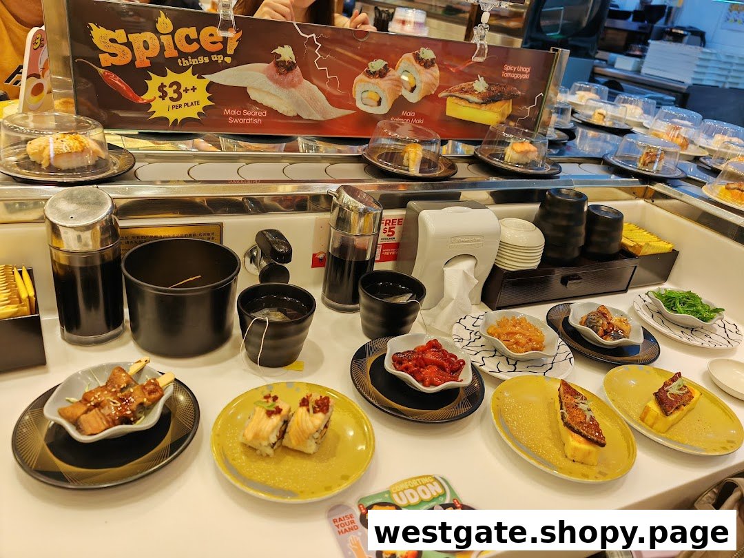 A vibrant sushi conveyor belt at Sushi Express, featuring diverse dishes and a promotional sign.