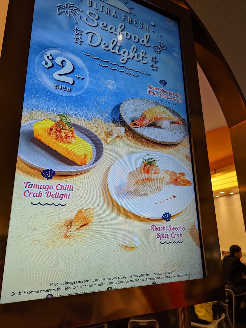 A digital menu display showcasing 'Ultra Fresh Seafood Delight' items at Sushi Express.