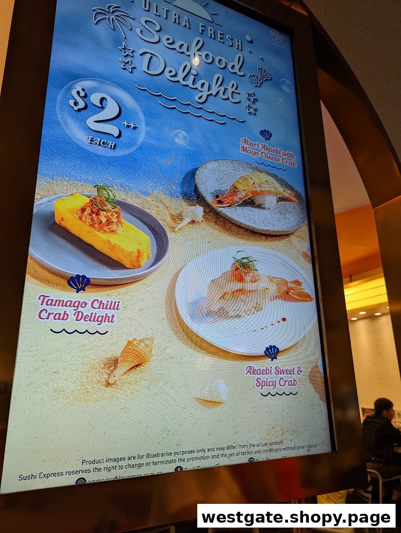 A digital menu display showcasing 'Ultra Fresh Seafood Delight' items at Sushi Express.