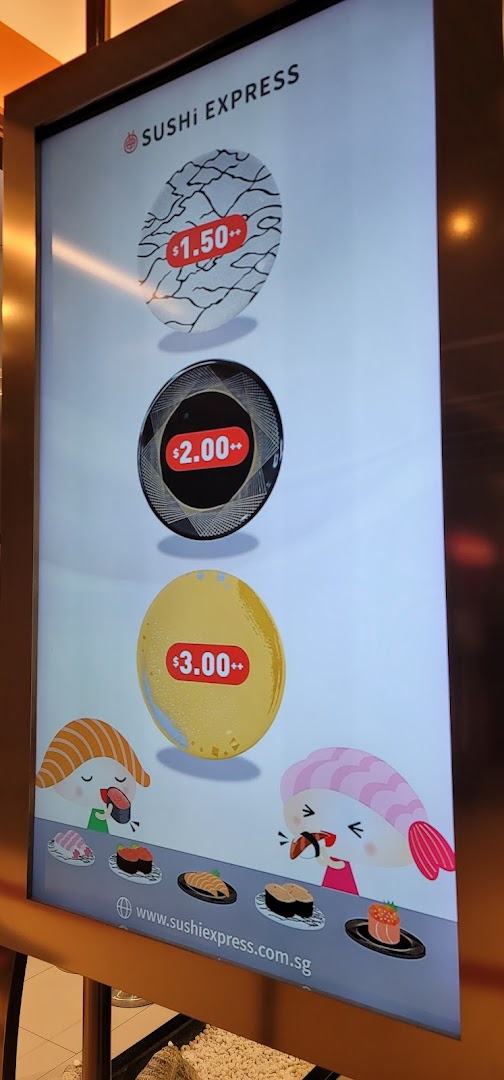 A digital menu board at Sushi Express displaying different plate prices for sushi.