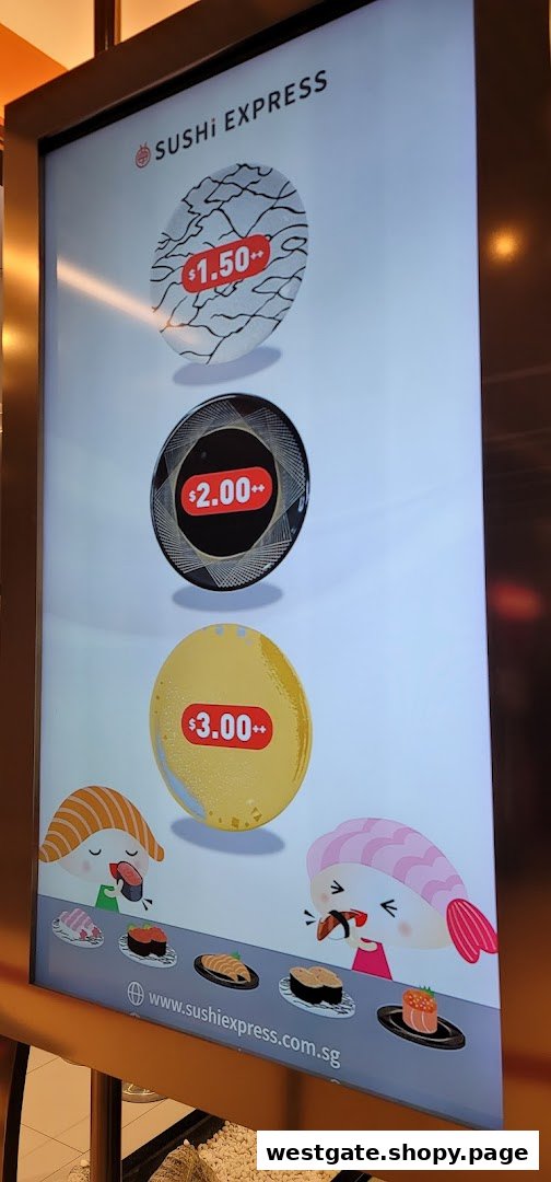 A digital menu board at Sushi Express displaying different plate prices for sushi.