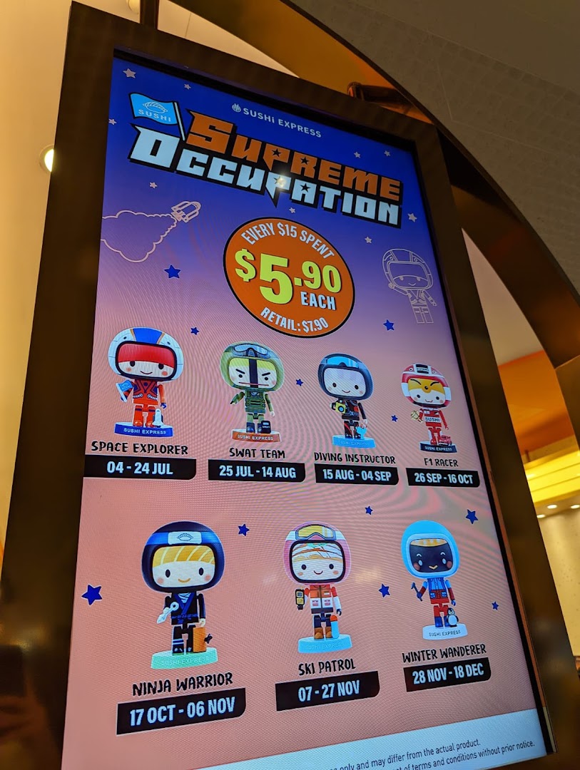 A digital display showcasing Sushi Express's 'Supreme Occupation' collectible figures promotion.