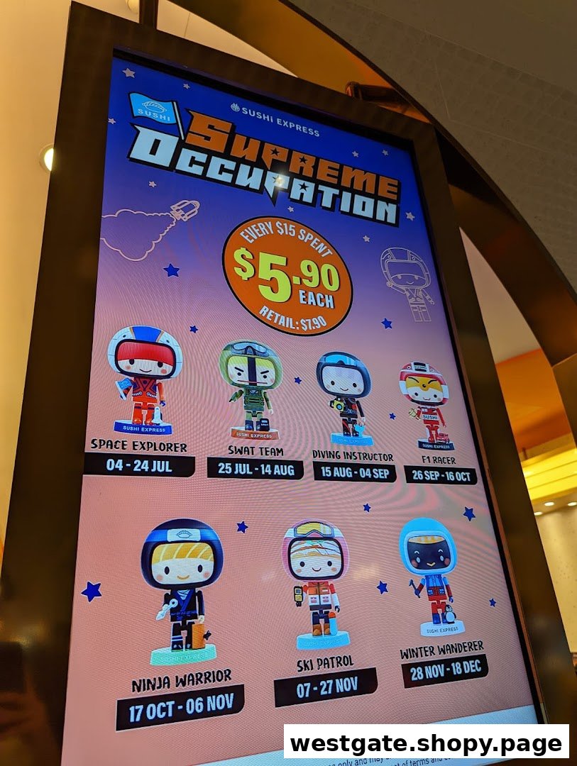 A digital display showcasing Sushi Express's 'Supreme Occupation' collectible figures promotion.