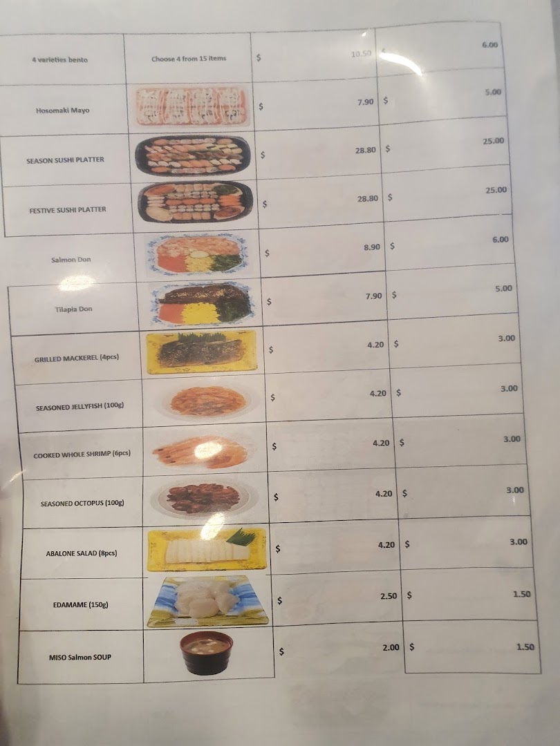 A detailed menu displaying various sushi, bento, and side dishes with prices from Sushi Express.